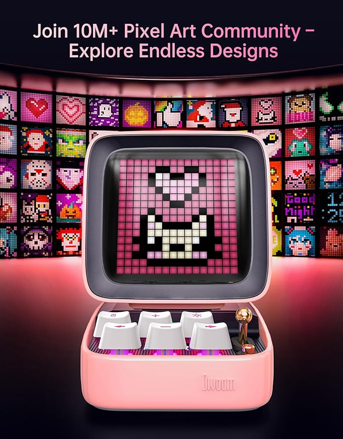 Divoom Ditoo Retro Pixel Art Game Bluetooth Speaker with 16X16 LED App Controlled Front Screen (Pink)