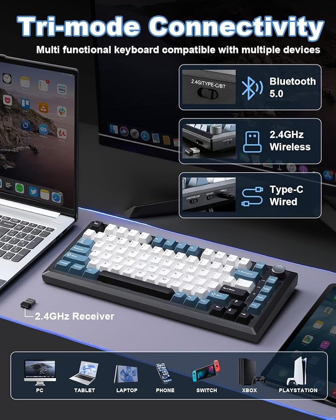 Y75 Wireless Mechanical Keyboard,75% Wireless Gasket RGB Gaming Keyboard,PBT Keycaps,2.4GHz/USB-C/BT5.0 Creamy Keyboard with Knob(Black&Blue,Milk Switch)