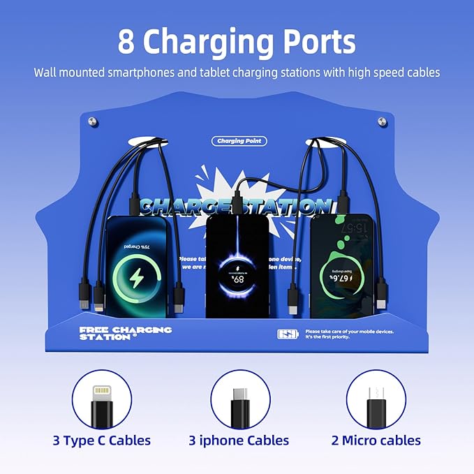 Wall Mounted Cell Phone Charging Station with 8-Port High-Speed Cables – Universal Dock for Apple, Type-C & Android Devices – Ideal for Airports, Hotels, Malls, Offices, Schools (Blue)