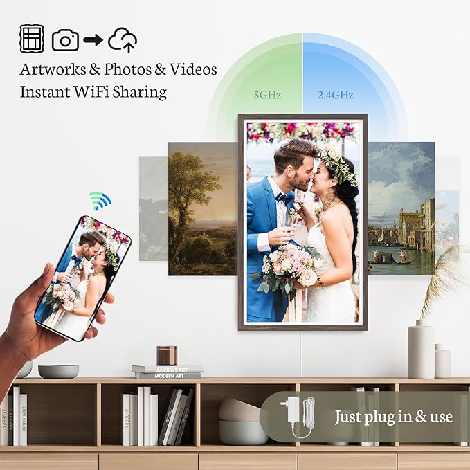 BSIMB 32 Inch Large Digital Picture Frame, Touchscreen 64GB 1920x1080 FHD WiFi Photo Frame Electronic Display Remote Control, Share Pictures/Videos via App/USB/SD Easy Setup Gifts for Mom, Dark Wood
