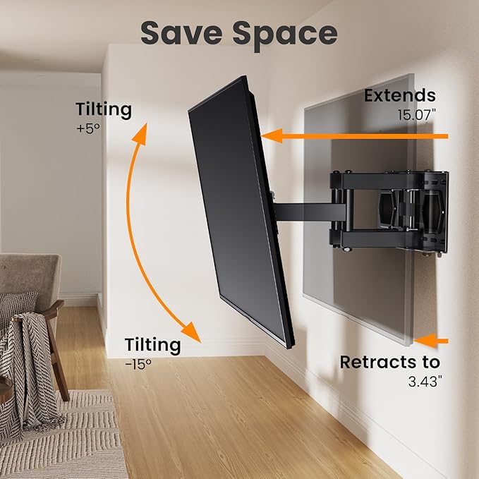 50 55 65 inch Full Motion TV Wall Mount for 32-70 inch TV Bracket, Dual articulating Arms Mount, Tilt Swivel Extension Level, Max VESA 400x400mm, 16" Studs, 110 lbs,Fit Most 40 43 50+ TVs