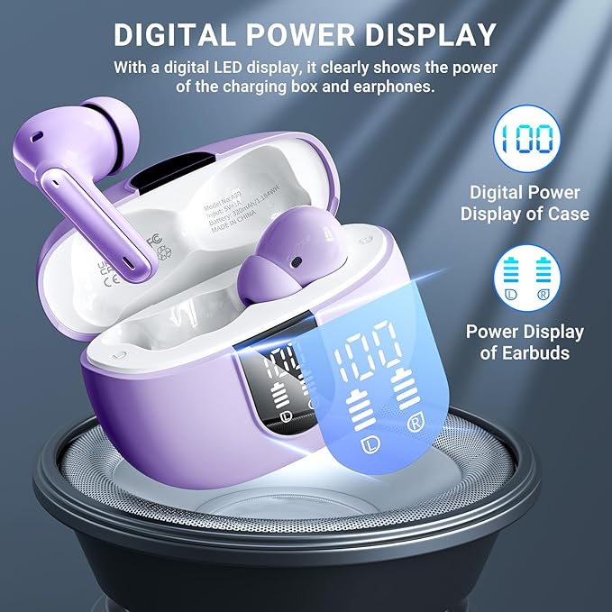 Wireless Earbuds, 2025 Wireless Headphones HiFi Stereo Earphones with 4 ENC Noise Canceling Mic, 42Hs Playtime In Ear Earbud, Bluetooth 5.3 Sport Earphones with LED Power Display for Android iOS