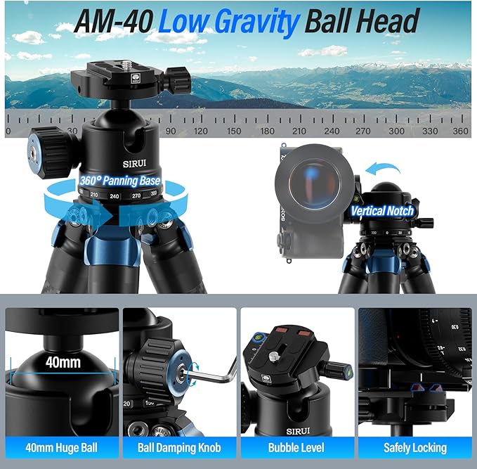 SIRUI AM-324 Professional Camera Tripod with AM-40 Low Gravity Ball Head, 60.4” Carbon Fiber Heavy Duty Tripod for Mirrorless Camera, DSLR, 4 Sections, 32mm Max Tube, Max Load 39.8lb/18kg