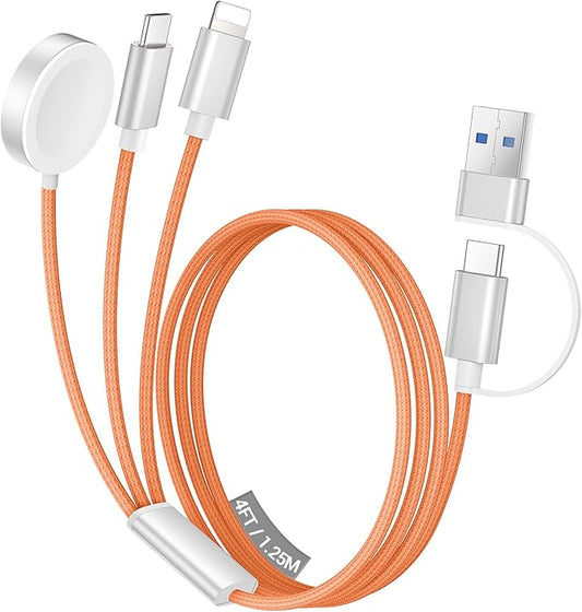 Temdan for Travel Vacation Essentials,3 in 2 USB C Cable for Apple Watch Charger/iPhone 17 Charger/Lightning,Multi Charging Cable Cord,Camping Essentials,Designed for iWatch &iPhone 16-12-4FT Orange