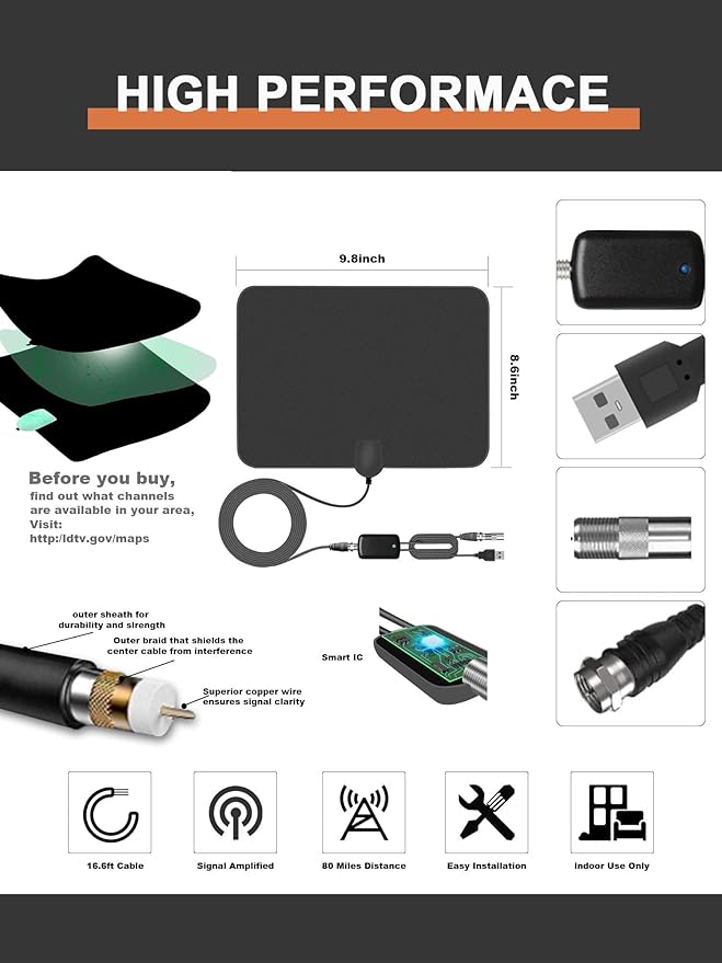 TV Antenna Indoor, 2025 Upgraded Amplified HD Digital TV Antenna for Smart and Older TV’s Up to 900 Miles, Digital HDTV Antenna Support 4K 1080p VHF UHF Local Channels (Black)