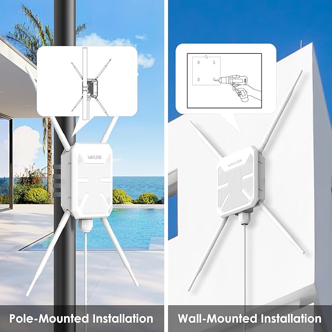 WAVLINK AC1200 Outdoor WiFi Extender Wireless Access Point, 2025 Long Range Dual-Band Wi-Fi Extender, 4x7dBi Omni Antennas,PoE, Gigabit Port, Supports AP/Repeater/Mesh Modes for Courtyard, Fish Finder