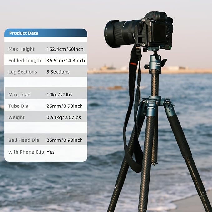 Fotopro 62 Inch Carbon Fiber Tripod for Camera Ultralight Travel Camera Tripod Max Loads Up 22lbs X-Aircross 3 Blue