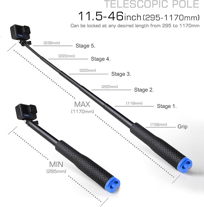 46''Alumium Waterproof Selfie Stick with 1/4 Thread Hole Underwater Pole Handle Grip Monopod for GoPro Hero 13 12 11 Max Insta360 AKASO DJI OSMO Action Cameras Accessories