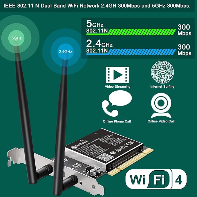 Wireless N Dual Band 600Mbps (2.4GHz 300Mbps or 5GHz 300Mbps) PCI WiFi Adapter for Windows 11, 10, 8.x, 7, XP (32/64bit) and Windows Server Desktop PCs, PCI Interface WiFi Card (PCI-N600)