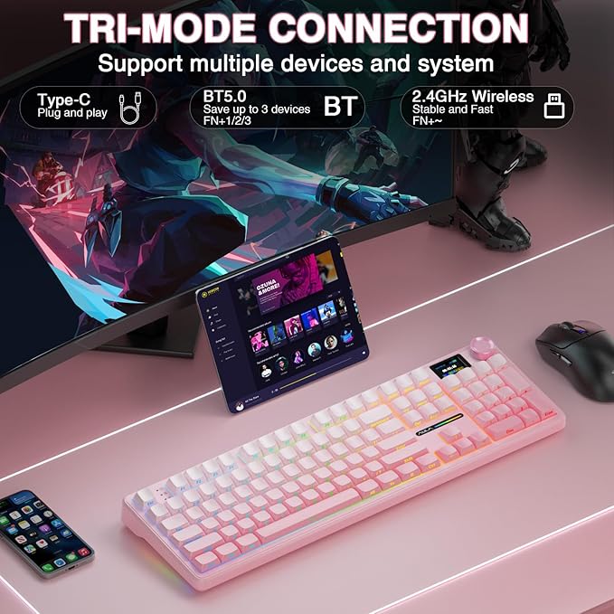 AULA F108 PRO - Wireless Mechanical Keyboard with Screen & Knob,Full Size Keyboard with 8000mAh Battery,Pre-lubed Switches,Side Printed PBT Keycaps,RGB Backlit Hot Swappable Custom Gaming Keyboards