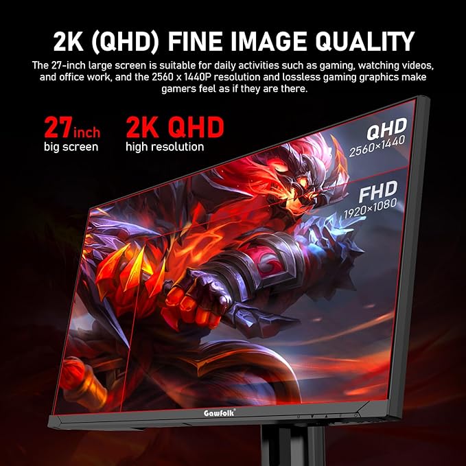 27 inch 2K QHD(2560×1440) PC Screen, 180Hz Gaming Monitor, 1ms Without Bezel, FreeSync,100% sRGB, 178° Wide Viewing Angle, HDMI2.0、DisplayPort, 75 * 75MM Wall Mount Compatible - Black