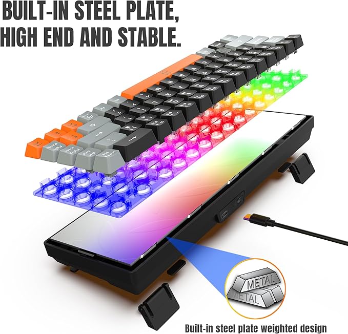 Snpurdiri 60% Wireless Gaming Keyboard and Mouse Combo,Rainbow Backlit Rechargeable 2000mAh Battery,Mini Mechanical Feel Keyboard + Popular RGB Mice for Gaming,Business Office(Gray-Black-Orange)