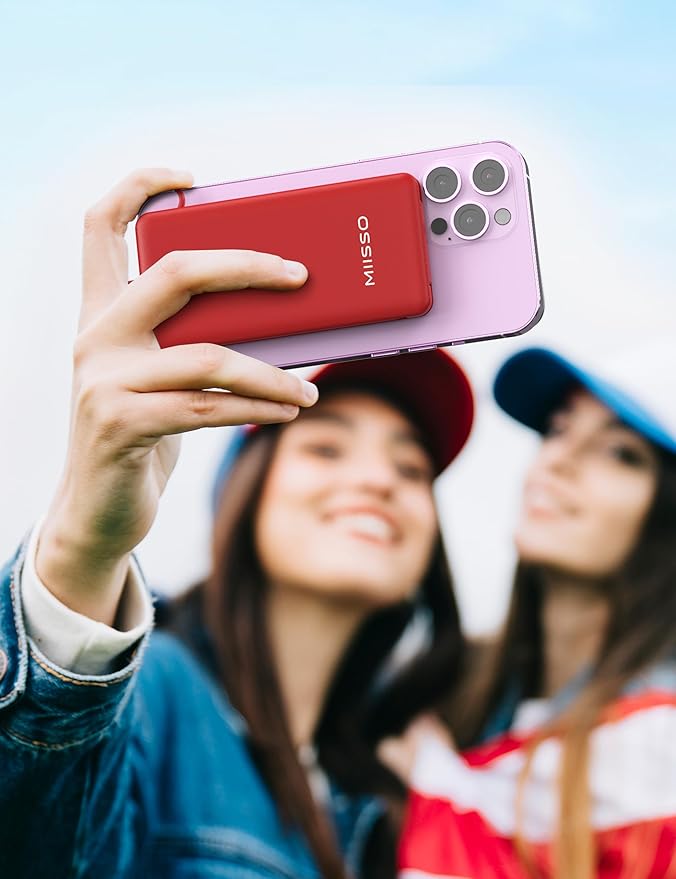 miisso 10000mah Slim Portable Charger with Built in Cable, Power Bank Travel Phone Charger External Battery Pack for Phones, 4 Output USB C Cords Clutch Charger Compatible with iPhone, Samsung, Red