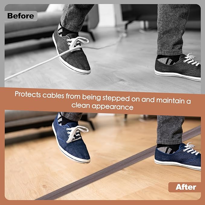 Floor Cord Cover for Wires on Floor Self Adhesive Cord Hider Floor Cable Management Wire Covers for Cords Protector Prevent Cable Trips Cord Cavity W 0.32" x H 0.32", Grayish Brown Wood, 3.3Ft