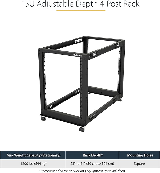 StarTech.com 4-Post 15U Mobile Server Rack and 2U Vented Server Rack Shelf Bundle