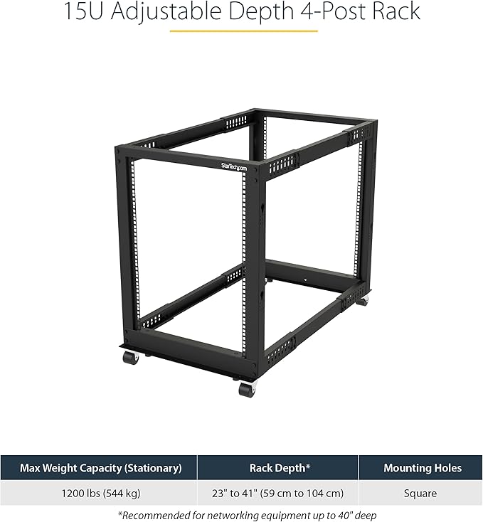 StarTech.com 4-Post 15U Mobile Open Frame Server Rack, 19in Network Rack with Wheels, Rolling Rack for Computer/AV/Data/IT Equipment - Casters, Leveling Feet or Floor Mounting (4POSTRACK15U)