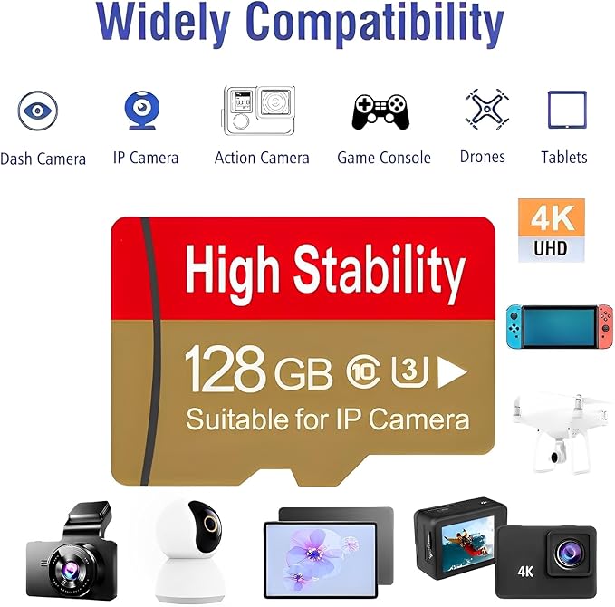 Memory Card,Micro TF Card U3 V30 4K UHD High Stability for Security Camera &GoPro &Action/Outdoor Camera/Dash Cam/Drones/Tablets/Phone with Adapter (2 Pack) (128,GB)