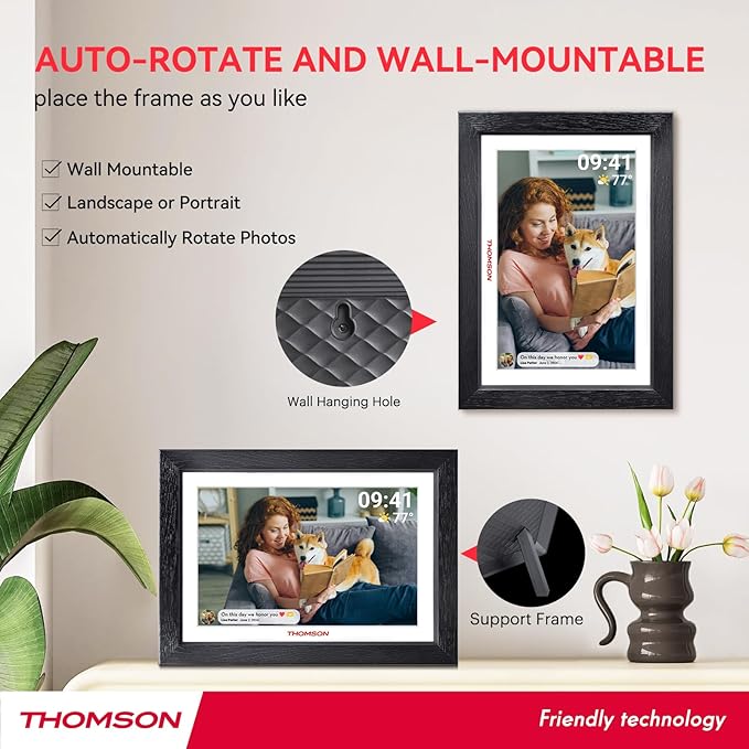 THOMSON Digital Picture Frame, Digital Photo Frame WiFi with 32 GB, HD IPS Touch Screen, Auto-Rotate, Slideshow, Share Photos/Videos from Phone by App (10.1Inch Wood)