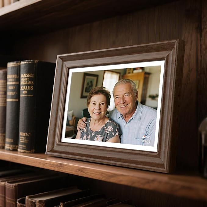 NexFoto 10.1 Inch Wood Digital Picture Frame Touchscreen, HD 1280x800 64GB WiFi Digital Frame, Add Photos from Google Photos, Share Videos via App/USB/Micro SD, Gift for Mom/Birthday (Walnut)