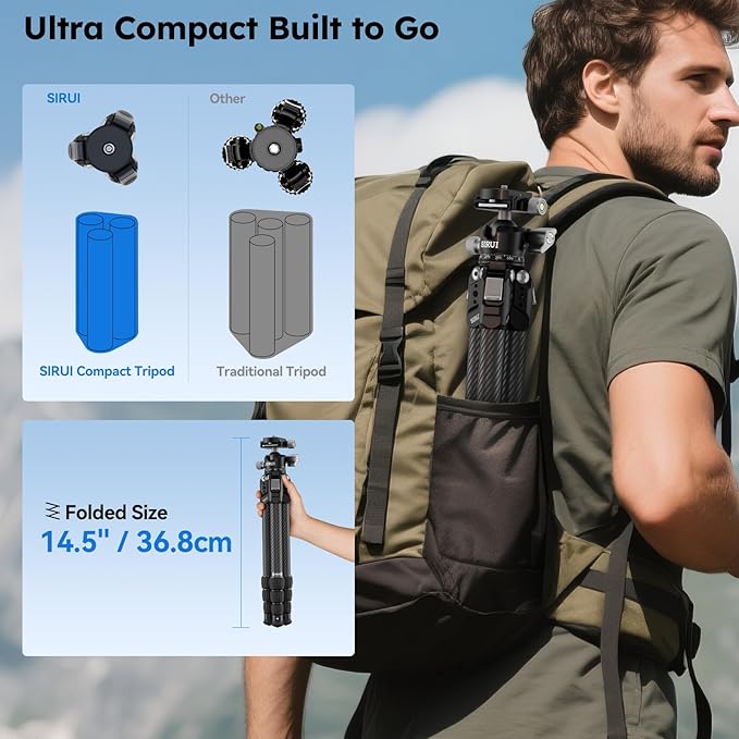 SIRUI 31.5" Compact Carbon Fiber Small Desktop Tripod with Low Profile Ball Head, Portable Lightweight Backpack Camera Tripod with Spikes for Travel Vlogging Tabletop, Macro Photography, AM-224S+G0