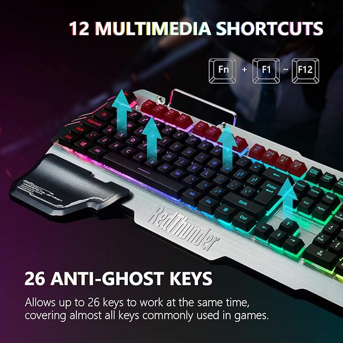 RedThunder K900 Gaming Keyboard, RGB Backlit Semi-Mechanical with Wrist Rest, Water-Resistant USB Wired Hybrid Ergonomic, Teclado Gamer for Desktop Computer PC Mac PS4
