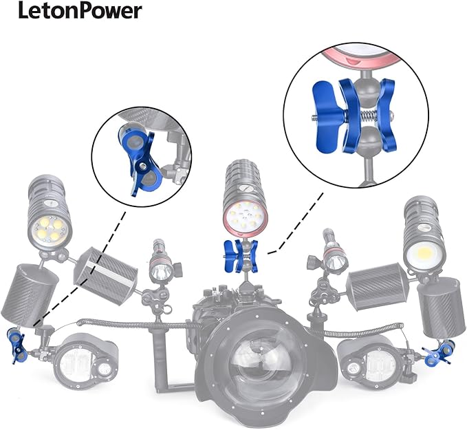 2-Hole 1" Aluminum Underwater Camera Clamp Ball Mount (2-Pack) - Underwater Bracket for Diving Light Arms & Camera Trays, Saltwater-Resistant Adapter for Scuba Photography/Videography Gear