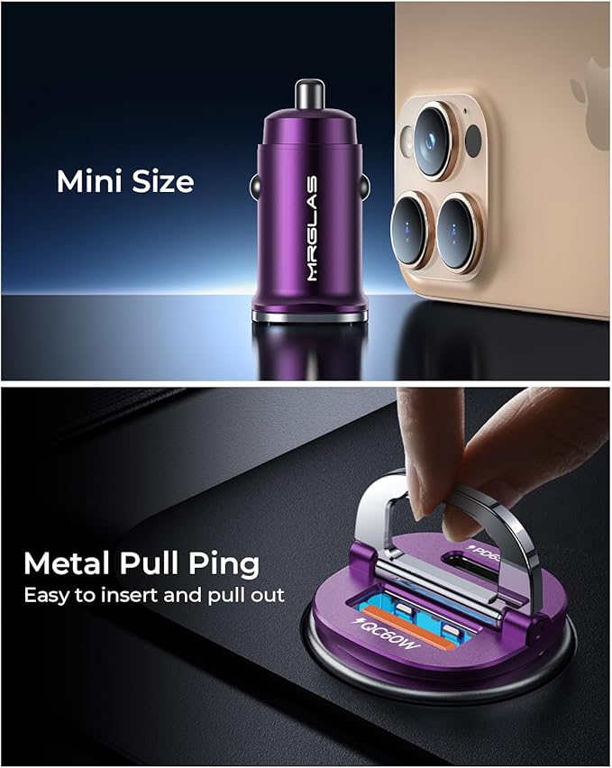 【Upgraded】 125W USB C Car Charger Super Fast Charging for iPhone 16, [PD65W & QC60W][All Metal] MRGLAS Cigarette Lighter Car Charger,Dual Port for iPhone 16 15 Pro iPad Samsung S25/S24 MacBook-Purple