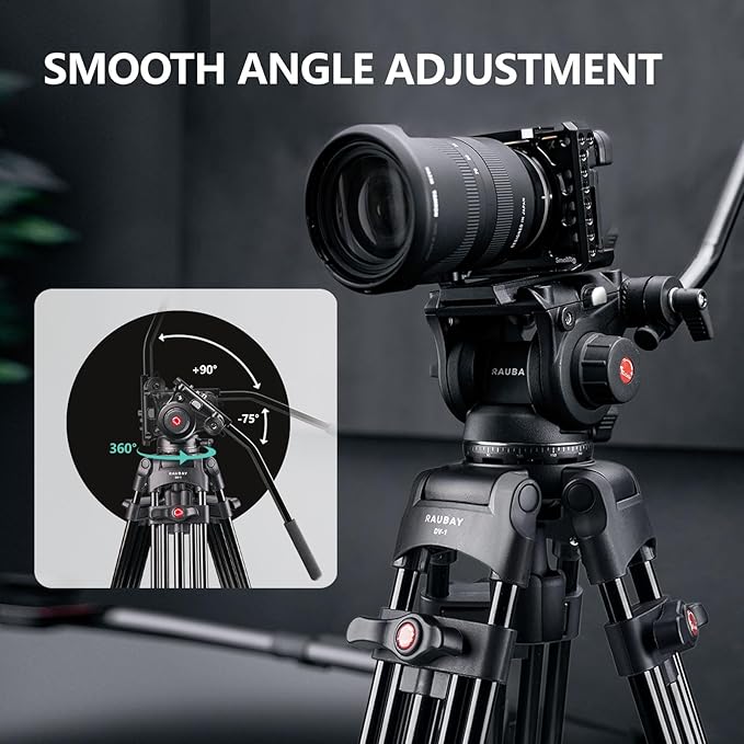RAUBAY 70.8" Professional Heavy Duty Video Camera Tripod with Fluid Head, QR Plate for DSLR Camcorder, Max Loading 17.6lbs, Aluminum Twin Tube Leg with Metal Mid-Level Spreader DV-1 PRO