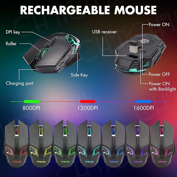 CHONCHOW Wireless Gaming Keyboard and Mouse Combo, Rechargeable 87 Key LED Light Up Keyboard, Ergonomic Wireless Gaming Mouse, Backlit for Xbox PS4 PC Laptop