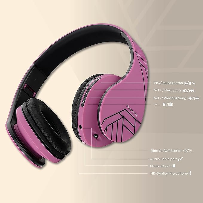 PowerLocus Bluetooth Over-Ear Headphones, Wireless Stereo Foldable Headphones Wireless and Wired Headsets with Built-in Mic, Micro SD/TF, FM for iPhone/Samsung/iPad/PC (Purple)
