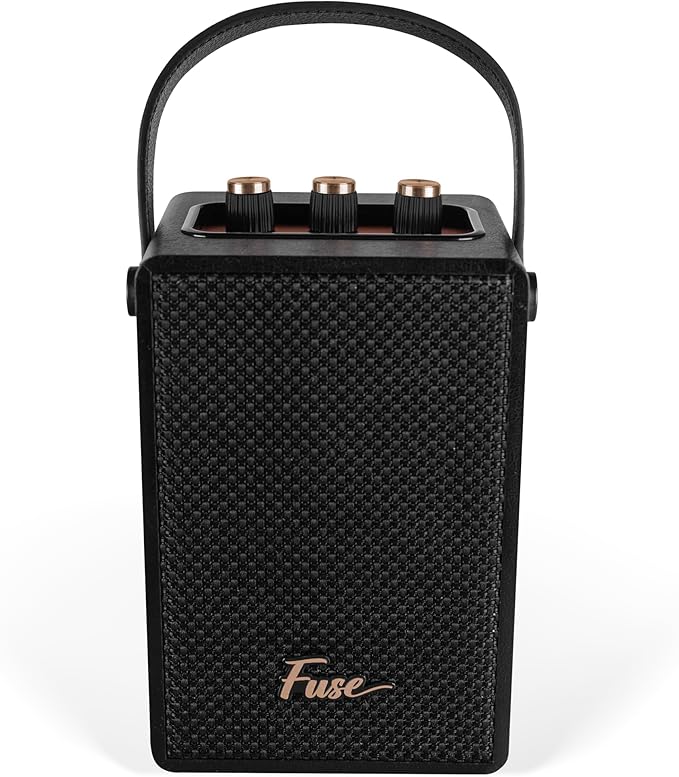 Fuse Andle Vintage Retro Bluetooth Speaker with Vegan Leather Handle | Portable Speaker with Smartphone Connection | USB & AUX Input | Stylish Black Wood Exterior