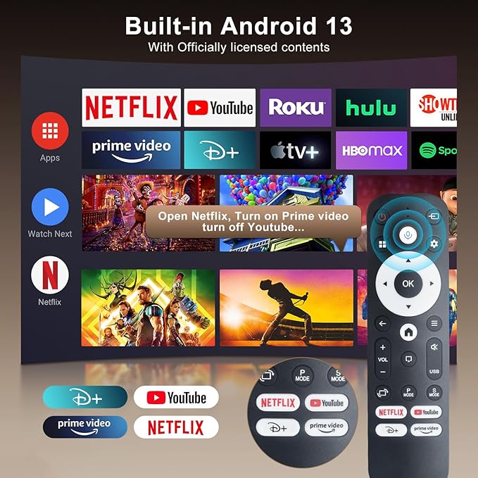 [Netflix-Licensed] 4K Smart Projector with WiFi and Bluetooth, Built-in Android 13, Auto Keystone Video Projector, Voice Control, 180°Rotatable Home Theater Outdoor Movie proyector