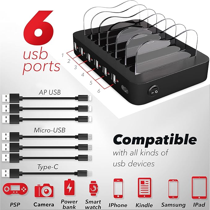 USB Charging Station 6-Ports - Fast Charging Station for Multiple Devices Apple - Multi Device Charger Station Dock - Compatible with Apple iPad, iPhone, Android, and Tablet