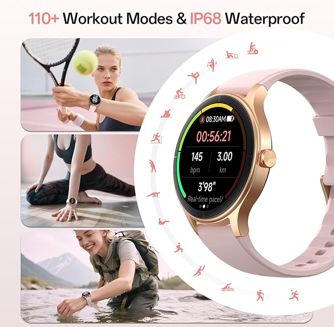 Smart Watches for Women,1.27" HD Touchscreen SmartWatch(2 Bands) with Bluetooth Calls (Make/Answer),Fitness Tracker with Heart Rate/Sp02/Sleep Monitor,110+ Sport Modes (Pink, 1.27)