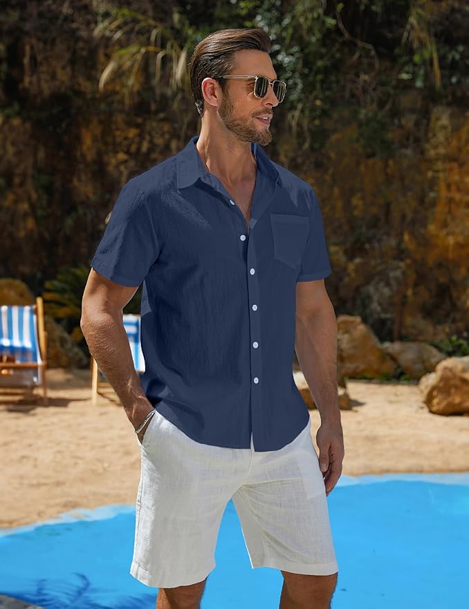 Vssjavun Mens Short Sleeve Button Down Shirts Casual Cotton Shirt Summer Beach Tops with Pocket