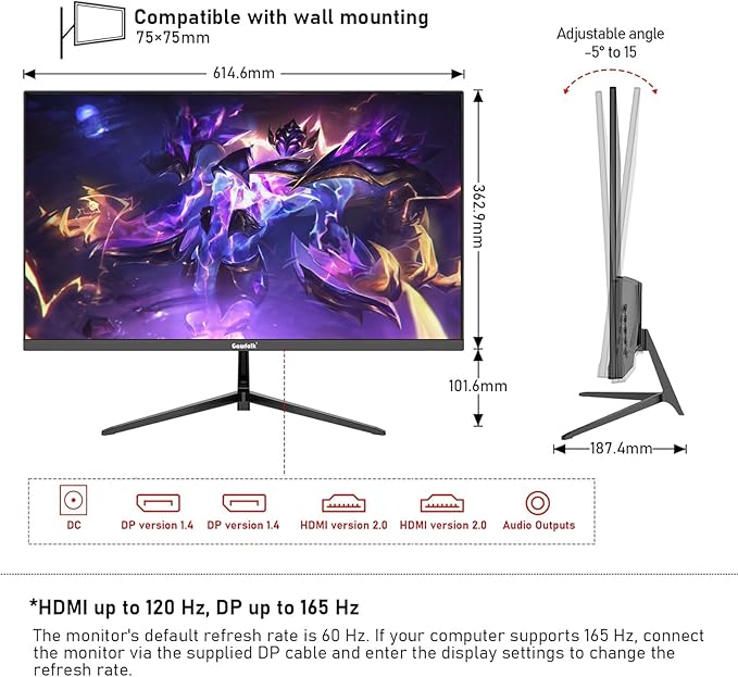 27 inch 2K QHD(2560×1440) PC Screen, 165Hz Gaming Monitor, 1ms Without Bezel, FreeSync,98% sRGB, 178° Wide Viewing Angle,Display 1.4、Port HDMI2.0, Wall Mount Compatible 75 * 75MM- Black
