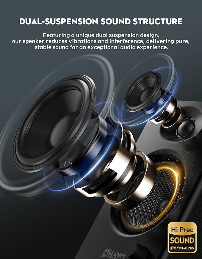 OHAYO 60W Computer Speakers for Music and Gaming, Active Bluetooth 5.3, Stereo 2.0 Speakers for Desktop PC or Laptop, 3.5mm Aux RCA Input, USB-Powered, 1 Pair, Black