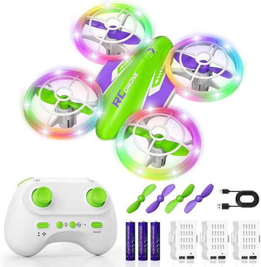 LED RC Drone for Kids 6+, Christmas Birthday Gift for Boys & Girls with Remote Batteries, 360° Flips, 3 Speed Modes, 45 Min Flight Indoor and Outdoor Flying Toy - Green Purple