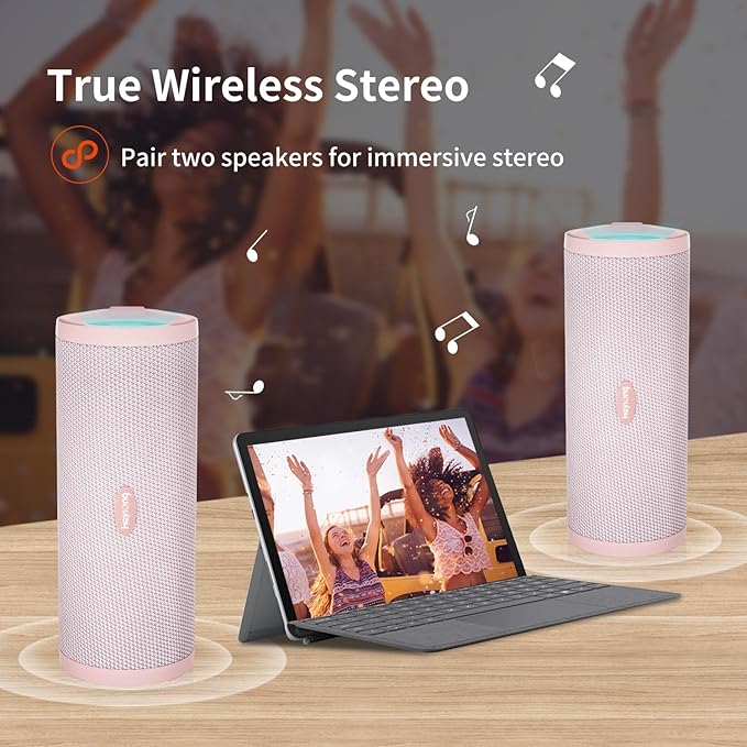 HEYSONG Portable Bluetooth Speaker, Waterproof Wireless Shower Speakers with Good Bass, IPX7 Floating, 5000mAh, TF Card, Loud Sound for Beach, Pool, Kayak Accessories, Gifts for Woman, Girl - Pink