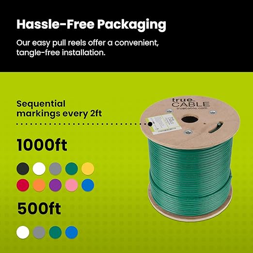 TRUE CABLE Cat6 Shielded Riser (CMR) Bulk Ethernet Cable, 500ft, Green, 23AWG Solid Bare Copper, 550MHz, Overall Aluminum Foil Shield (F/UTP), PoE++ 100W, ETL Listed