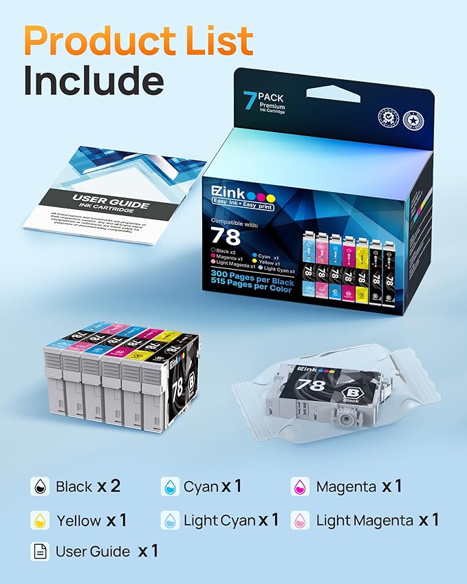 E-Z Ink Remanufactured Ink Cartridge Replacement for Epson 78 T078 Combo Pack to use with Artisan 50 Stylus Photo R260 R280 R380 RX580 RX595 RX680 Printer (7 Pack)