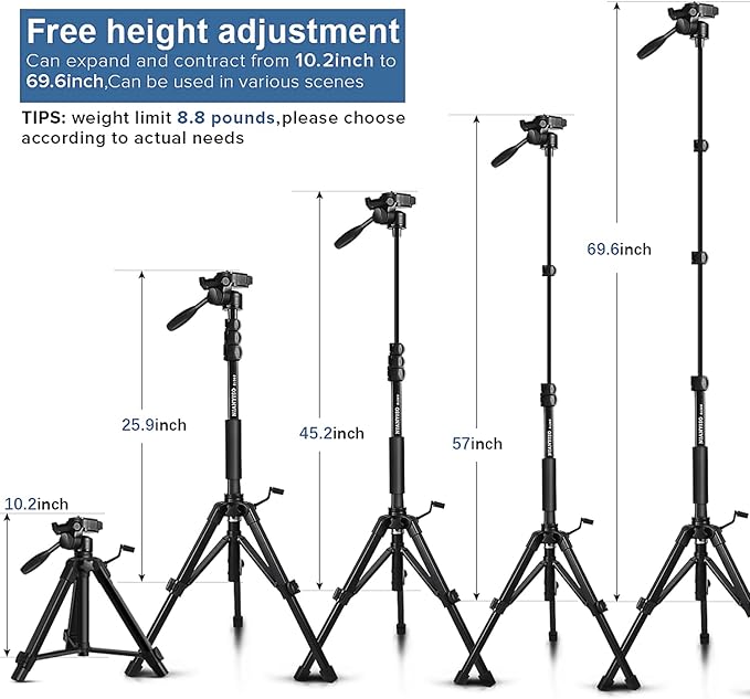 Camera Tripod 69 Inch, Patented 3-Way Swivel Portable Phone Tripod Professional Aluminum Alloy Travel Phone Camera Stand Monopod for Canon Nikon GoPro DSLR, DV Video Camcorder, Smartphone Black