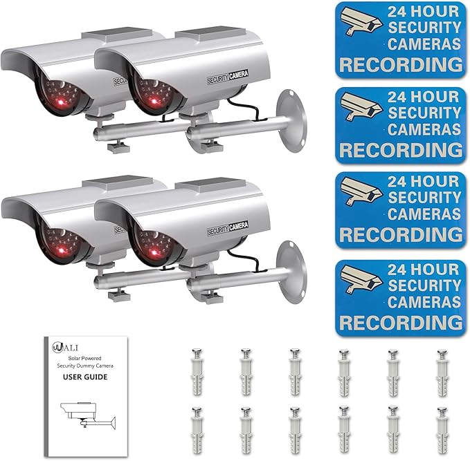 WALI Solar Powered Bullet Dummy Fake Simulated Surveillance Security CCTV Dome Camera Indoor Outdoor with 1 LED Light, Security Alert Sticker Decal (SOLTC-S4), 4 Packs, Silver