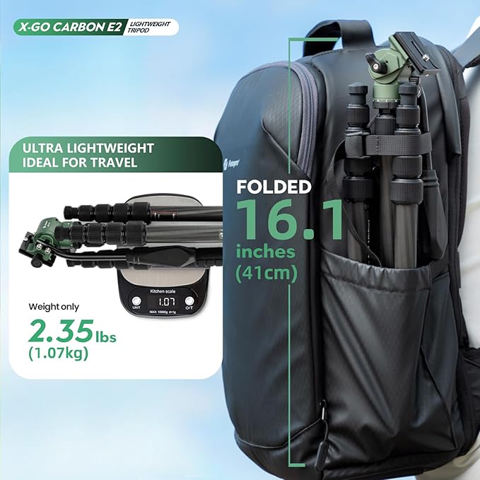 Fotopro 59" Carbon Fiber Travel Tripod, Compact Video Tripods with Fluid Head, Detachable Monopod with Arca-Swiss Quick Release Plate and Bag, Camera Tripod Load up to 8KG/17.63lbs, Green