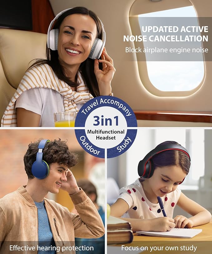 rockpapa E7 Over Ear Wireless Bluetooth Headphones with Mic Include Travel Case, Foldable Wired/Wireless Headphones with Microphone for Kids Childrens Boys Girls Teen Youth Adult Blue Green