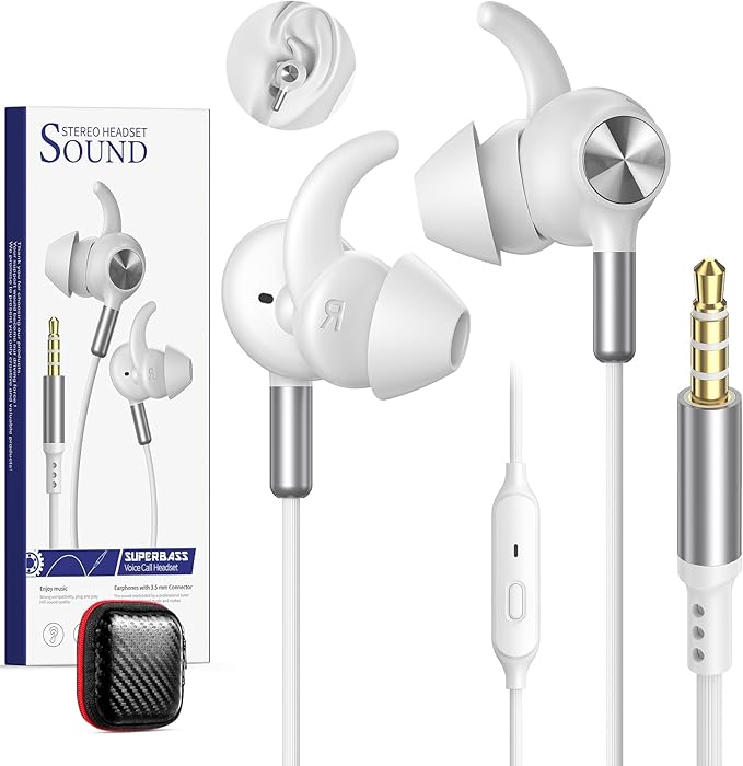 Earbuds Wired 3.5mm Headphones for School PC, Noise Cancelling Ear Buds Wired with Microphone Case Magnet Wire Plug in Earphones for HP/Surface/Acer Computer Laptop Chromebook Corded Headphone, White