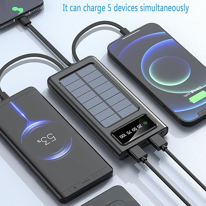 Power-Bank-Solar-Charger - 20000mAh Portable Charger,Solar Power Bank,Camping External Backup Battery Pack,Fast Solar Panel Charger with Dual Flashlight and 4 USB Cables (Black)