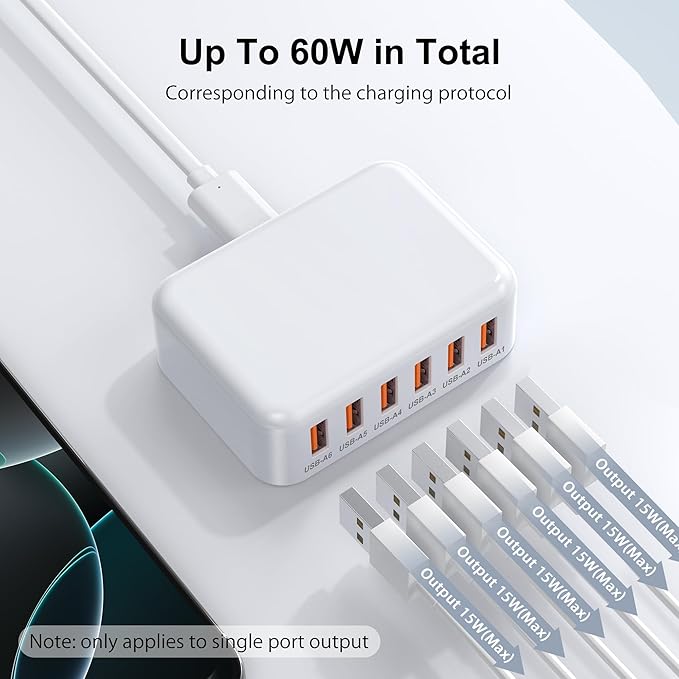 60W USB A Fast Charger Block, 6-Port Charging Station for Multiple Devices, Multi USB Wall Charger Power Strip Adapter Plug Cube Brick for iPad Pro iPhone 17 16 15 14 13 12 Pro Max Pixel Note Galaxy