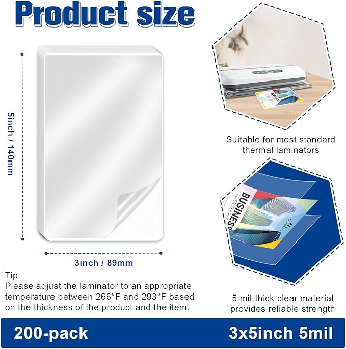 200 Pack 5mil 3“x5" Thermal Laminating Pouches Badge Laminate Pouches Clear Laminated Luggage Tags Printable Laminator Pouches for Business Permits Cards (200, 3"x5"-5mil)