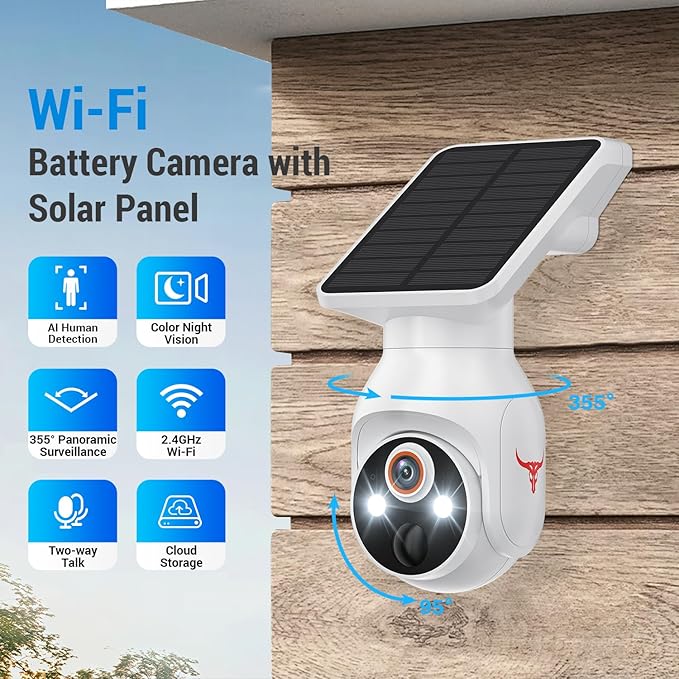 1080p Security Camera Wireless with Solar Panel, AI Human Detection, 2-Way Audio, Color Night Vision, 2.4G WiFi Only, Cloud Storage (Sold Separately), Indoor/Outdoor Surveillance Bullet Cam (WiFi)
